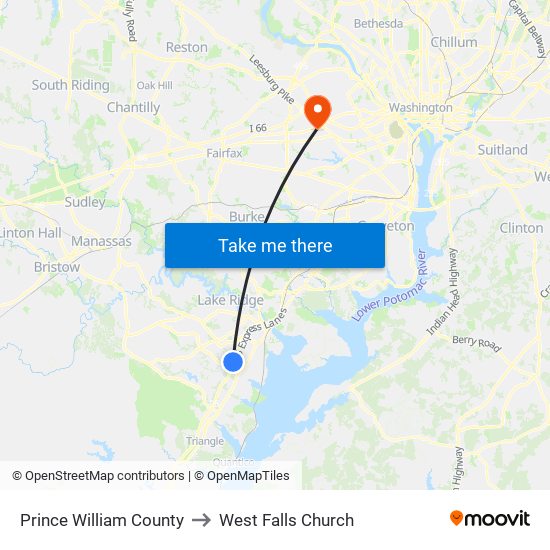 Prince William County to West Falls Church map