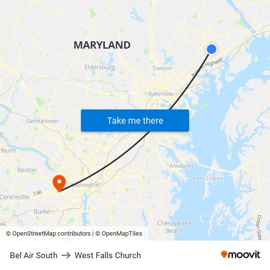 Bel Air South to West Falls Church map