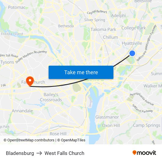 Bladensburg to West Falls Church map