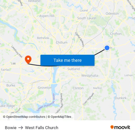 Bowie to West Falls Church map