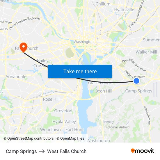 Camp Springs to West Falls Church map