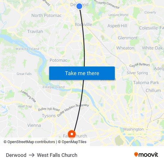 Derwood to West Falls Church map