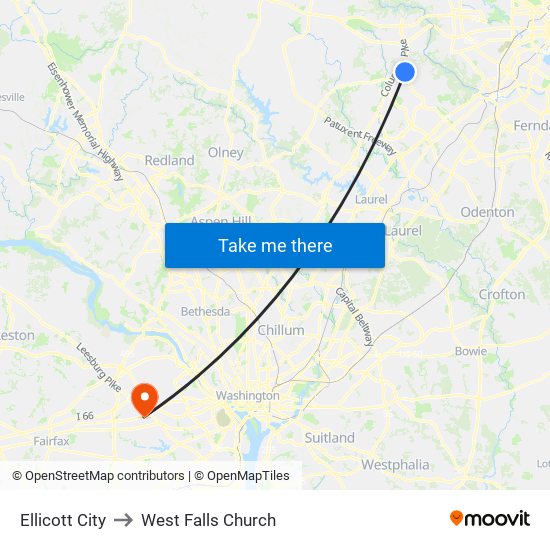 Ellicott City to West Falls Church map