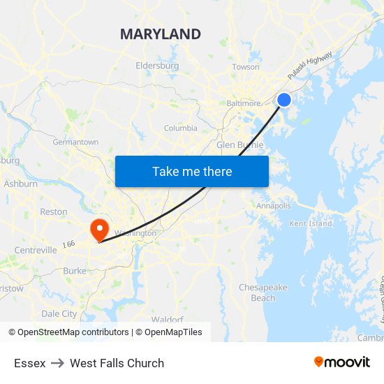 Essex to West Falls Church map