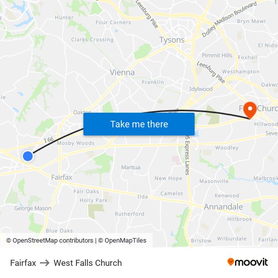 Fairfax to West Falls Church map