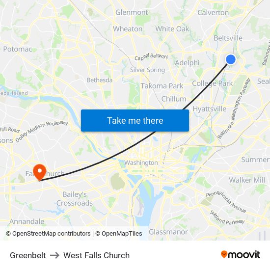 Greenbelt to West Falls Church map