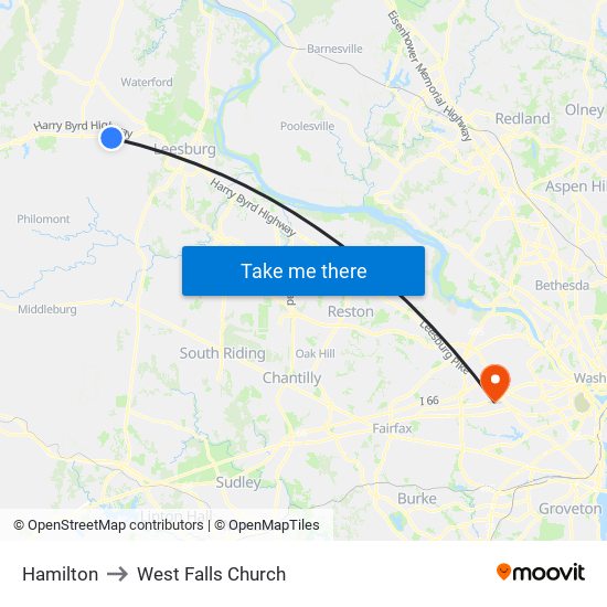 Hamilton to West Falls Church map
