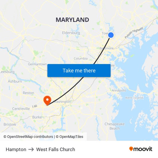 Hampton to West Falls Church map