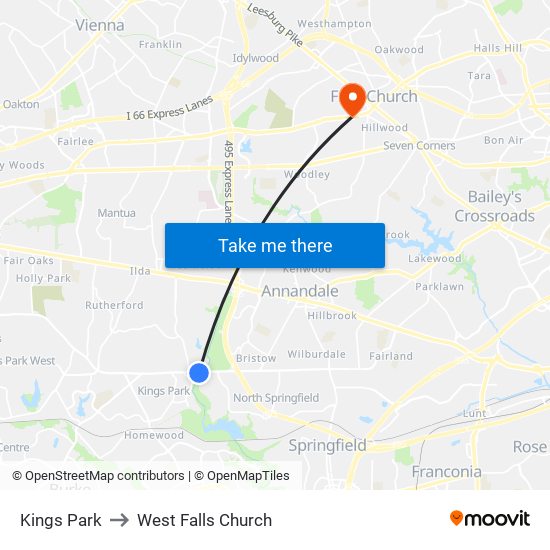 Kings Park to West Falls Church map