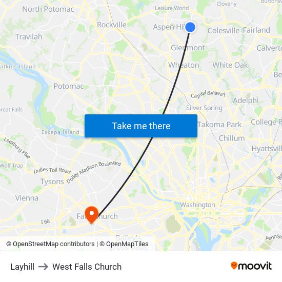 Layhill to West Falls Church map