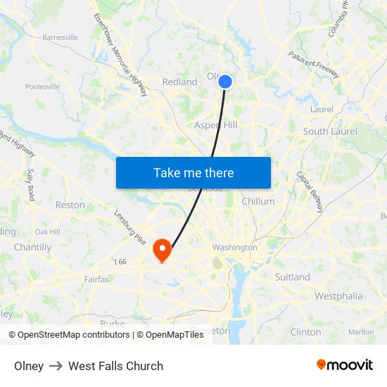 Olney to West Falls Church map