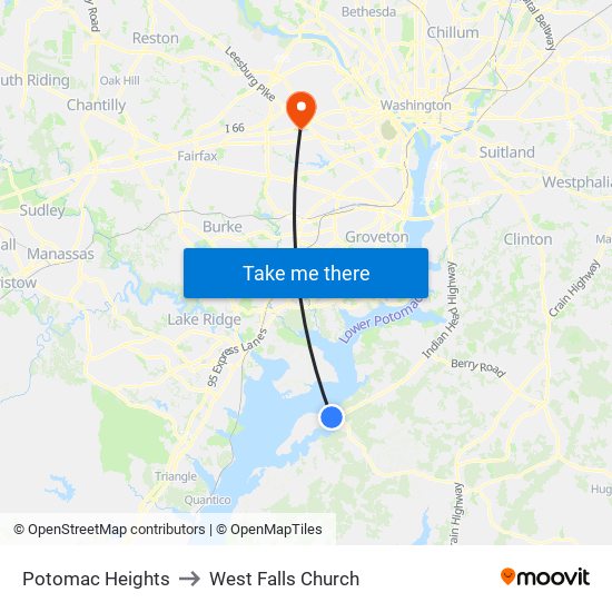 Potomac Heights to West Falls Church map