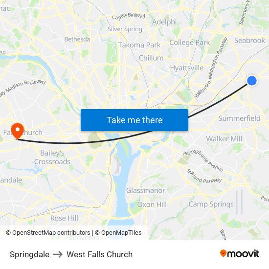 Springdale to West Falls Church map