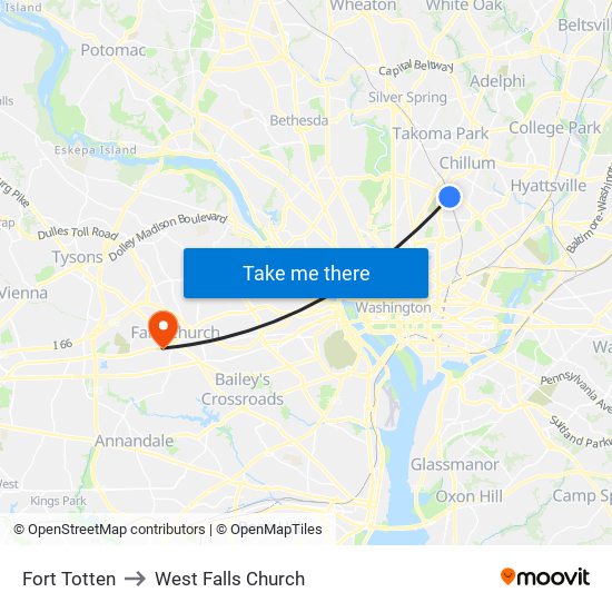Fort Totten to West Falls Church map