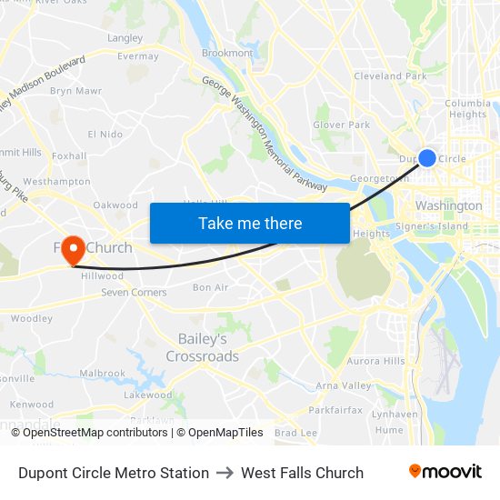 Dupont Circle Metro Station to West Falls Church map