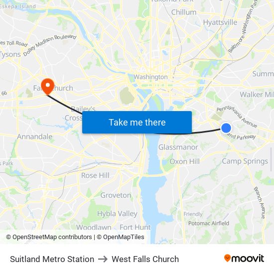 Suitland Metro Station to West Falls Church map