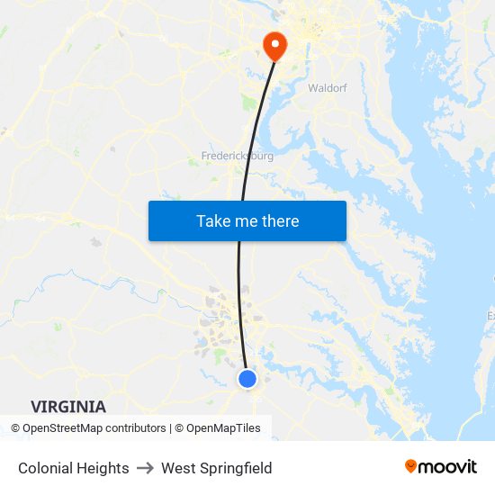 Colonial Heights to West Springfield map