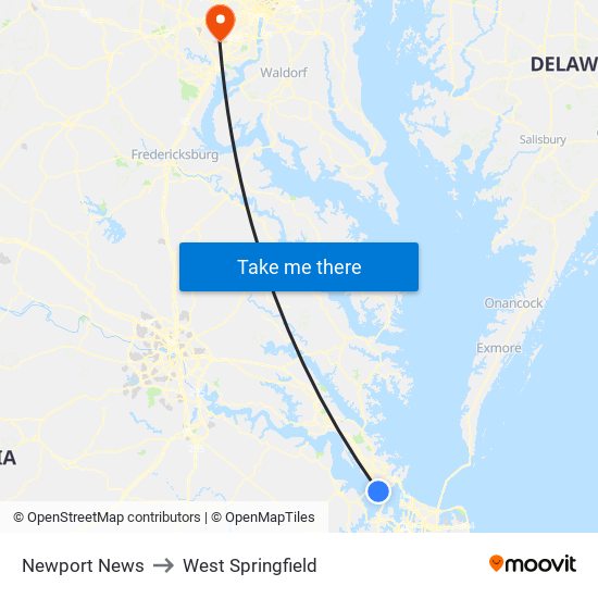 Newport News to West Springfield map