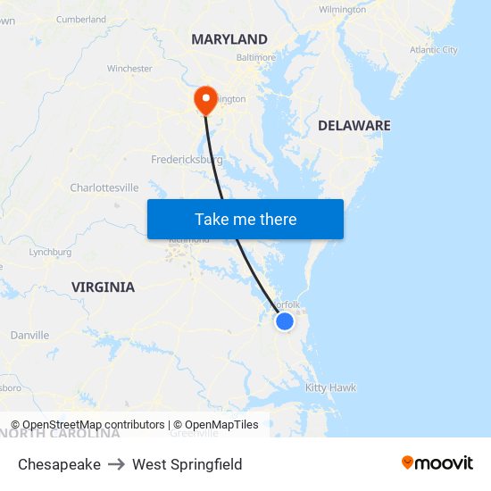 Chesapeake to West Springfield map