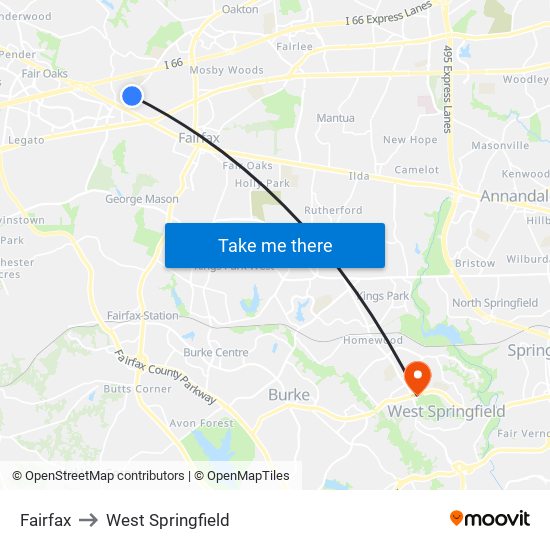 Fairfax to West Springfield map