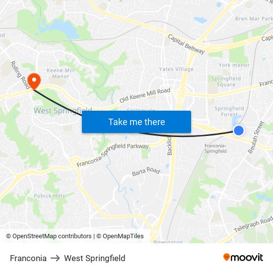 Franconia to West Springfield map