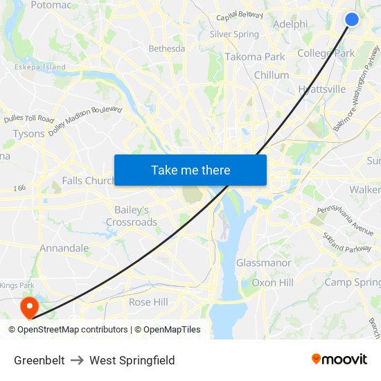 Greenbelt to West Springfield map