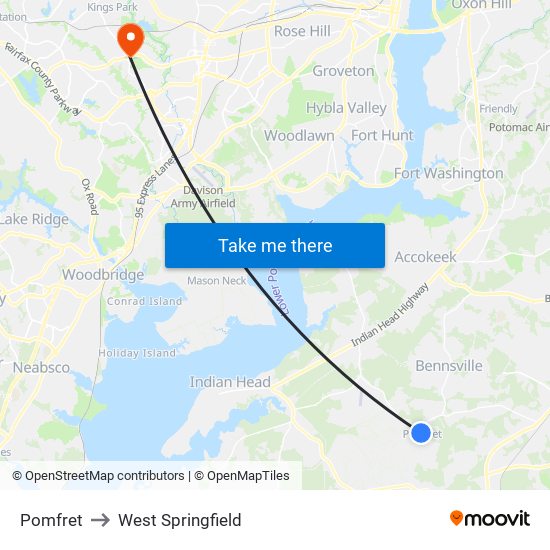 Pomfret to West Springfield map