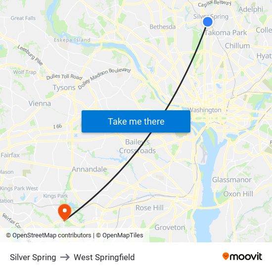 Silver Spring to West Springfield map