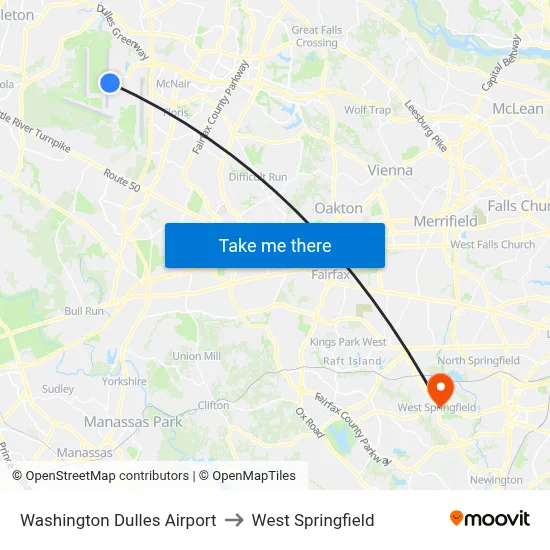 Washington Dulles Airport to West Springfield map