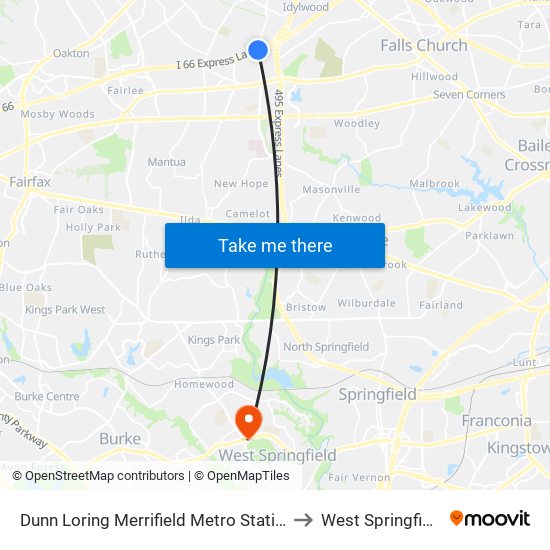 Dunn Loring Merrifield Metro Station to West Springfield map