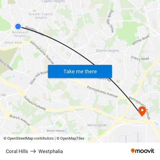 Coral Hills to Westphalia map