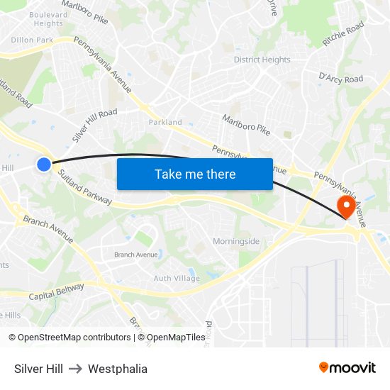 Silver Hill to Westphalia map