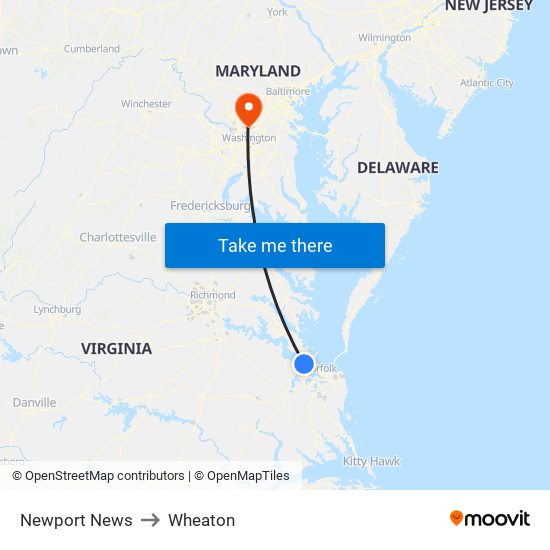 Newport News to Wheaton map