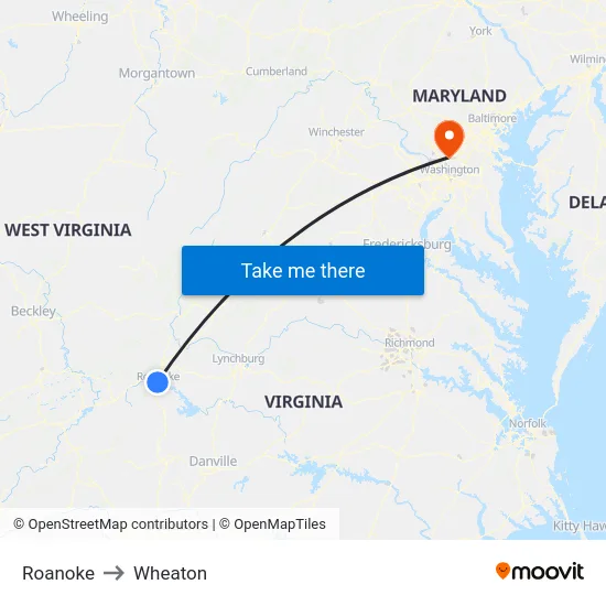 Roanoke to Wheaton map