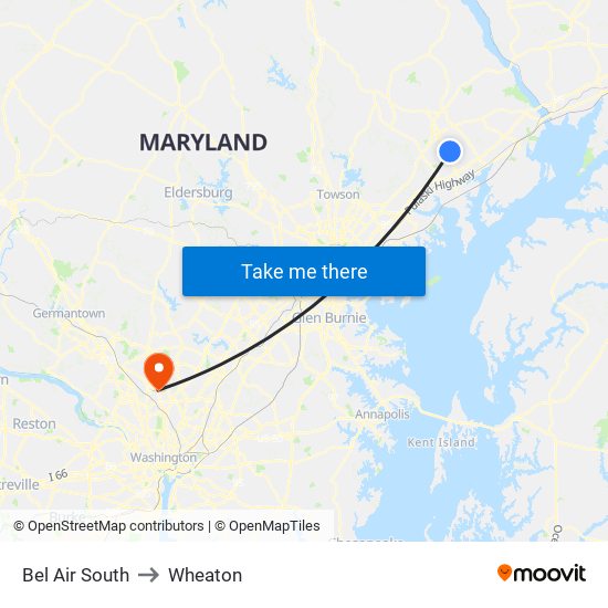 Bel Air South to Wheaton map