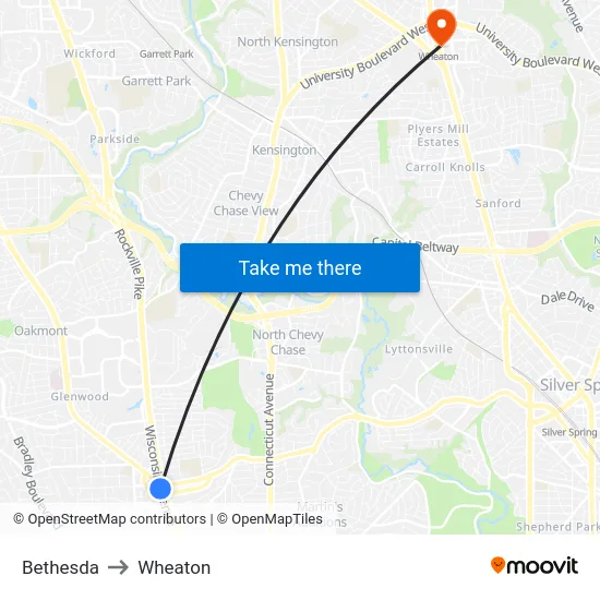 Bethesda to Wheaton map