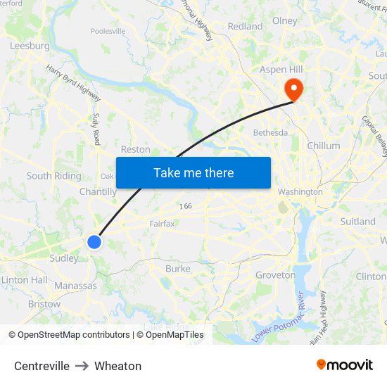 Centreville to Wheaton map