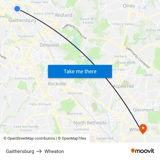 Gaithersburg to Wheaton map