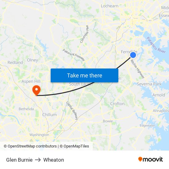 Glen Burnie to Wheaton map