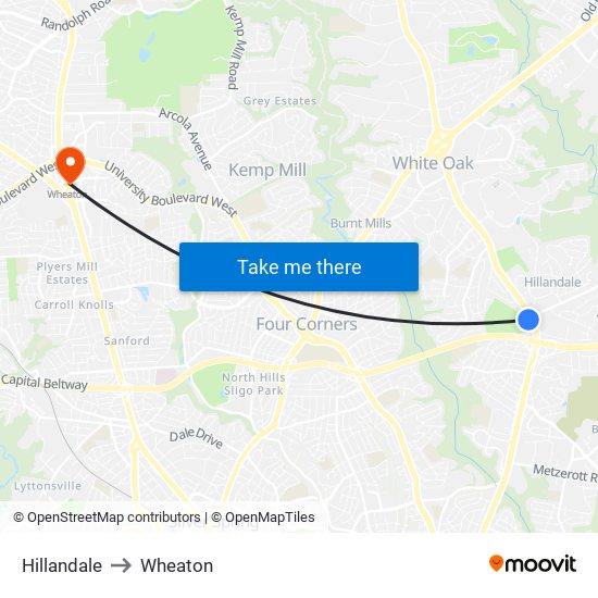 Hillandale to Wheaton map