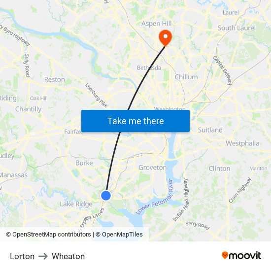 Lorton to Wheaton map