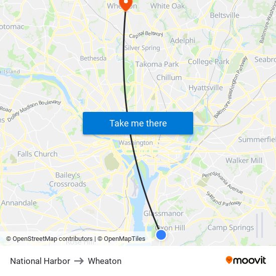 National Harbor to Wheaton map