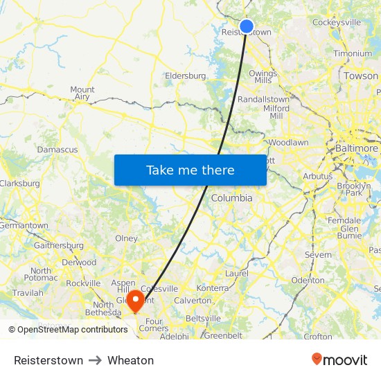 Reisterstown to Wheaton map