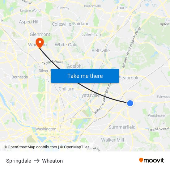 Springdale to Wheaton map