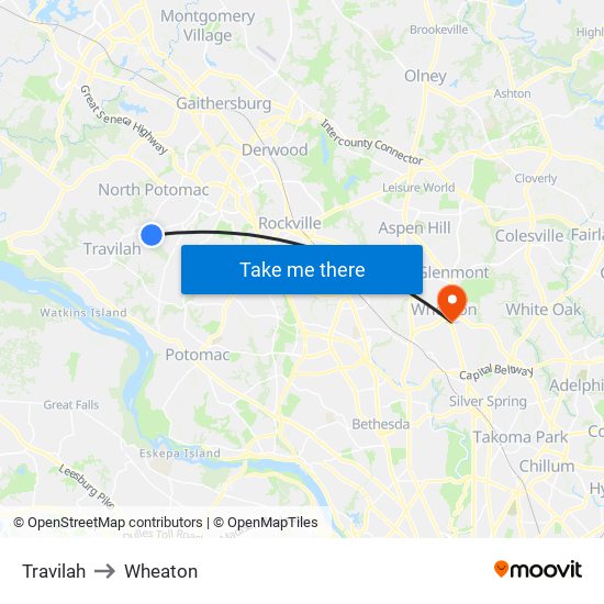 Travilah to Wheaton map