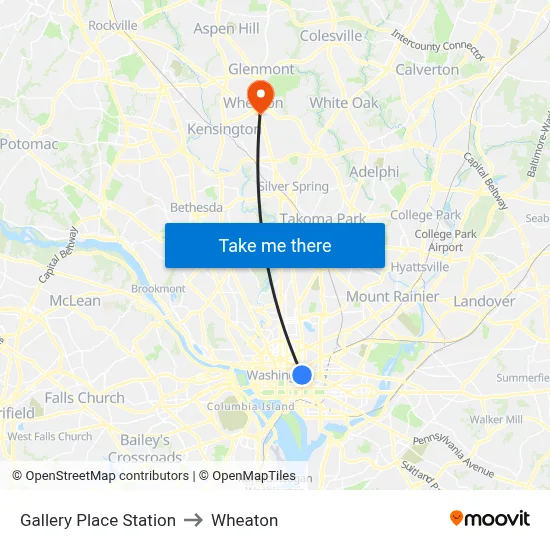 Gallery Place Station to Wheaton map