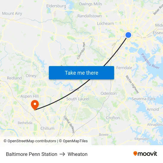 Baltimore Penn Station to Wheaton map
