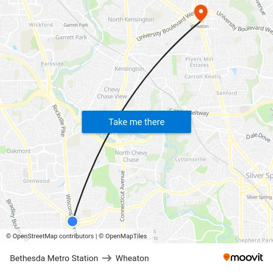 Bethesda Metro Station to Wheaton map
