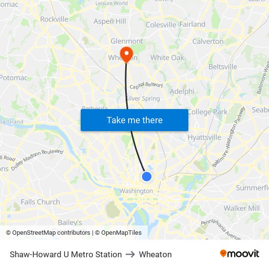 Shaw-Howard U Metro Station to Wheaton map