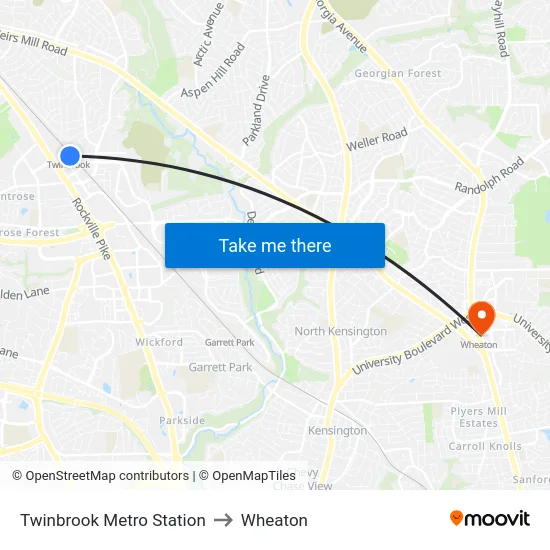 Twinbrook Metro Station to Wheaton map